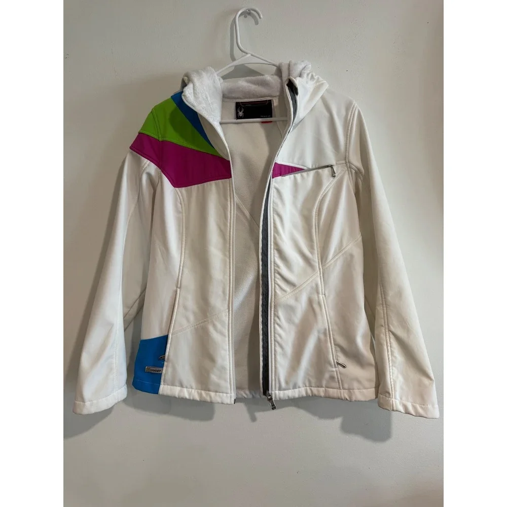 Spyder Softshell Fleece Lined Jacket Girls Large White‎ Colorblock Hooded
